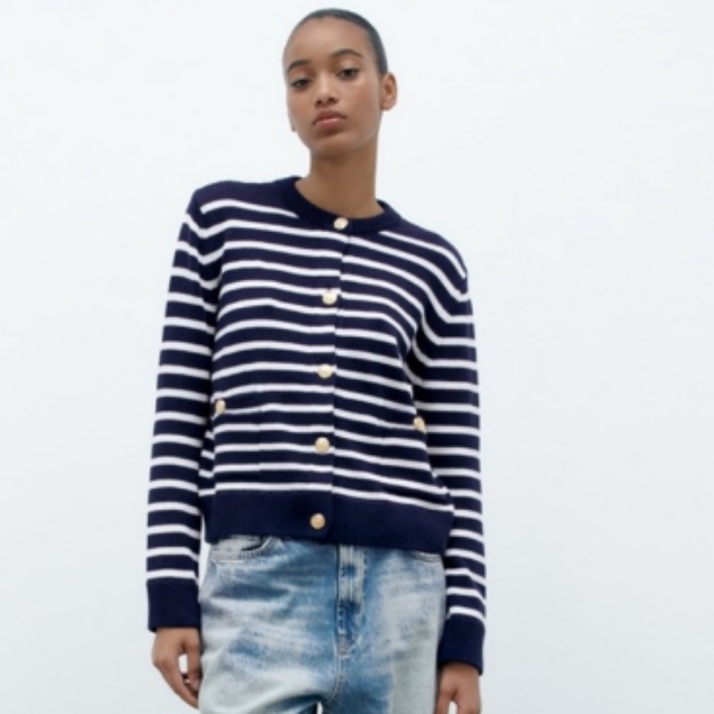 Zara Navy Blue & White Striped Knit Cardigan, Sz L NWT